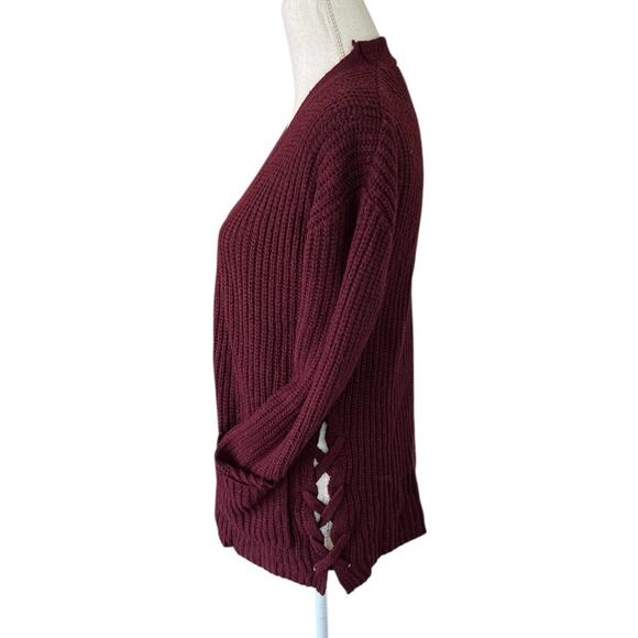 Hooked up burgundy ribbed knit open front cardigan lace up sides casual cozy - Picture 3 of 6